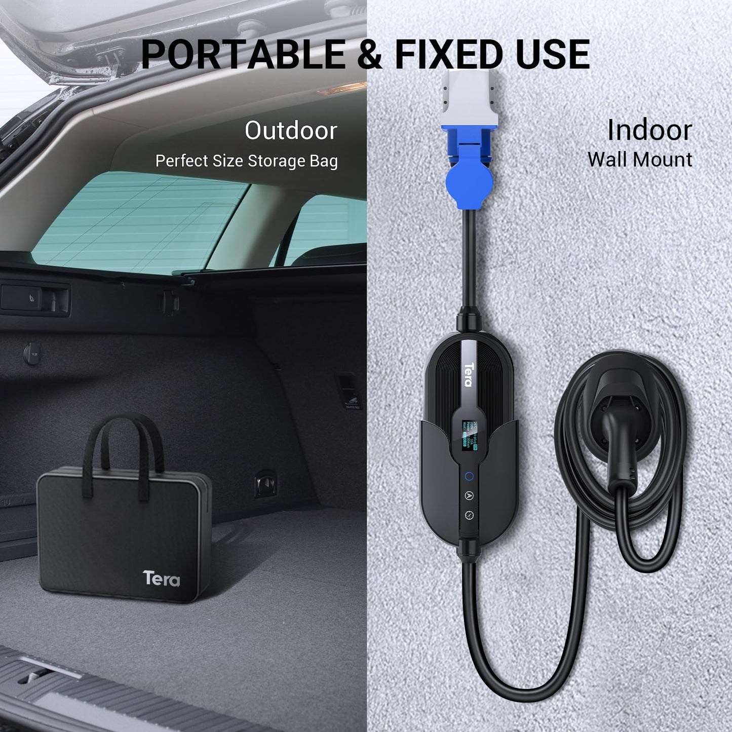 Tera Smart EV Chargeur Type 2 Wallbox: Borne de Recharge Véhicule Electrique 7,6kw Monophasé 32A 24A 20A 16A 240V APP WiFi 7M Câble de Recharge