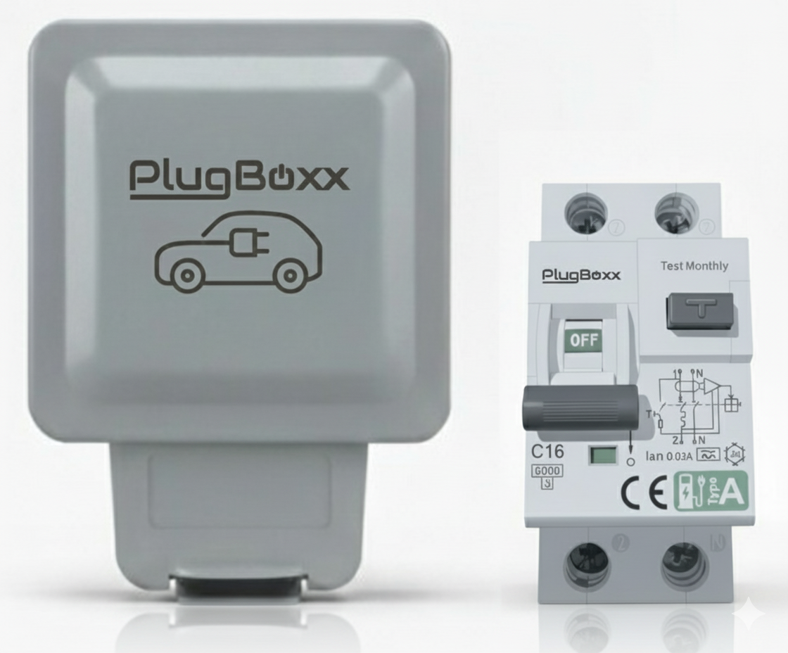 Prise renforcée voiture électrique et disjoncteur RCBO 30 mA