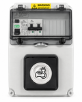 Coffret de recharge PlugBoxx avec prise renforcée Mureva, capot transparent et protections électriques intégrées, vue de face.