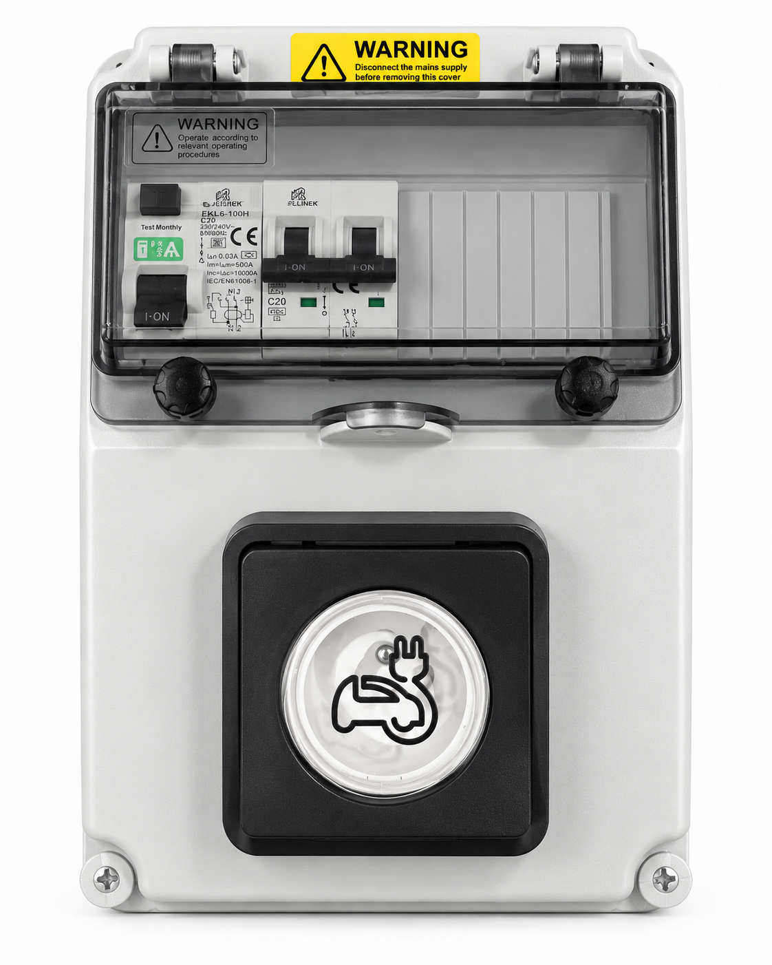 Coffret de recharge PlugBoxx avec prise renforcée Mureva, capot transparent et protections électriques intégrées, vue de face.