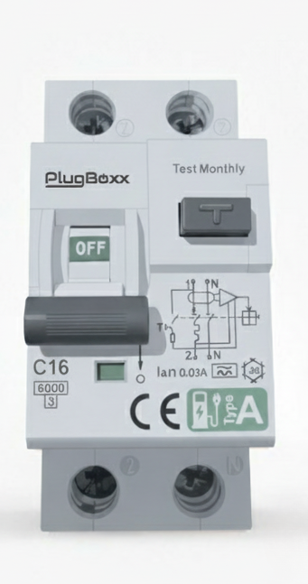 Prise renforcée voiture électrique et disjoncteur RCBO 30 mA