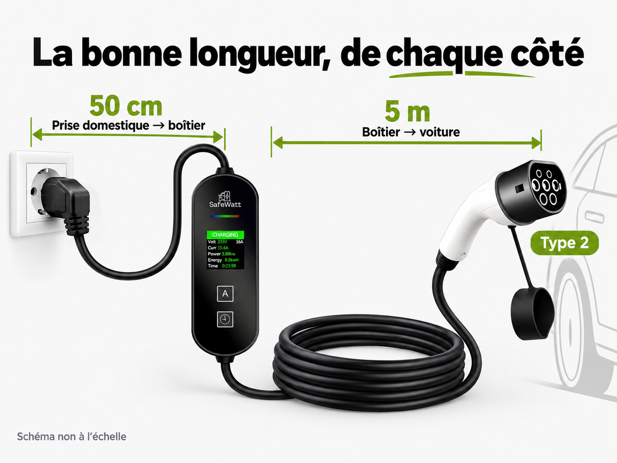 Longueurs des câbles du chargeur mobile SafeWatt : 50 cm de la prise domestique au boîtier et 5 m du boîtier à la voiture, avec connecteur Type 2.